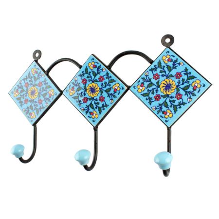 Turquoise With Yellow Wheel Flower Ceramic Tiles Hook 